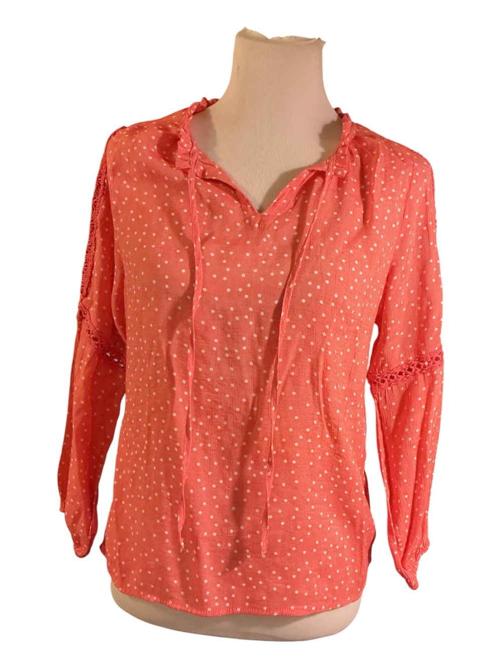 Fred David Coral Polka Dot Peasant Top